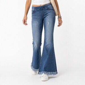 Y2K Fringe Hem Flare Jeans Light Wash Pull-On Boho Festival Size‎ M